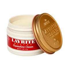 Open hair shine cream jar with gold lid, Layrite label and cream inside