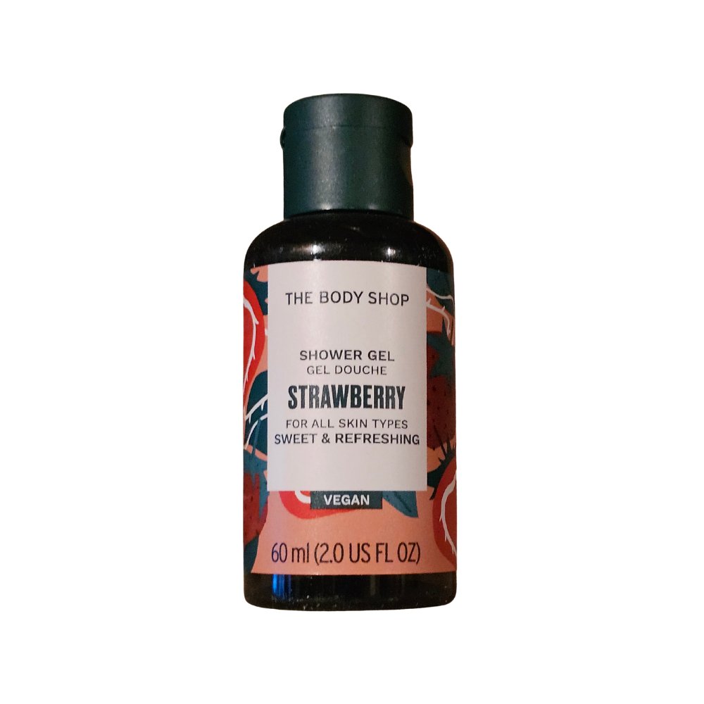 The Body Shop strawberry shower gel bottle, 60 ml, black cap and cream label