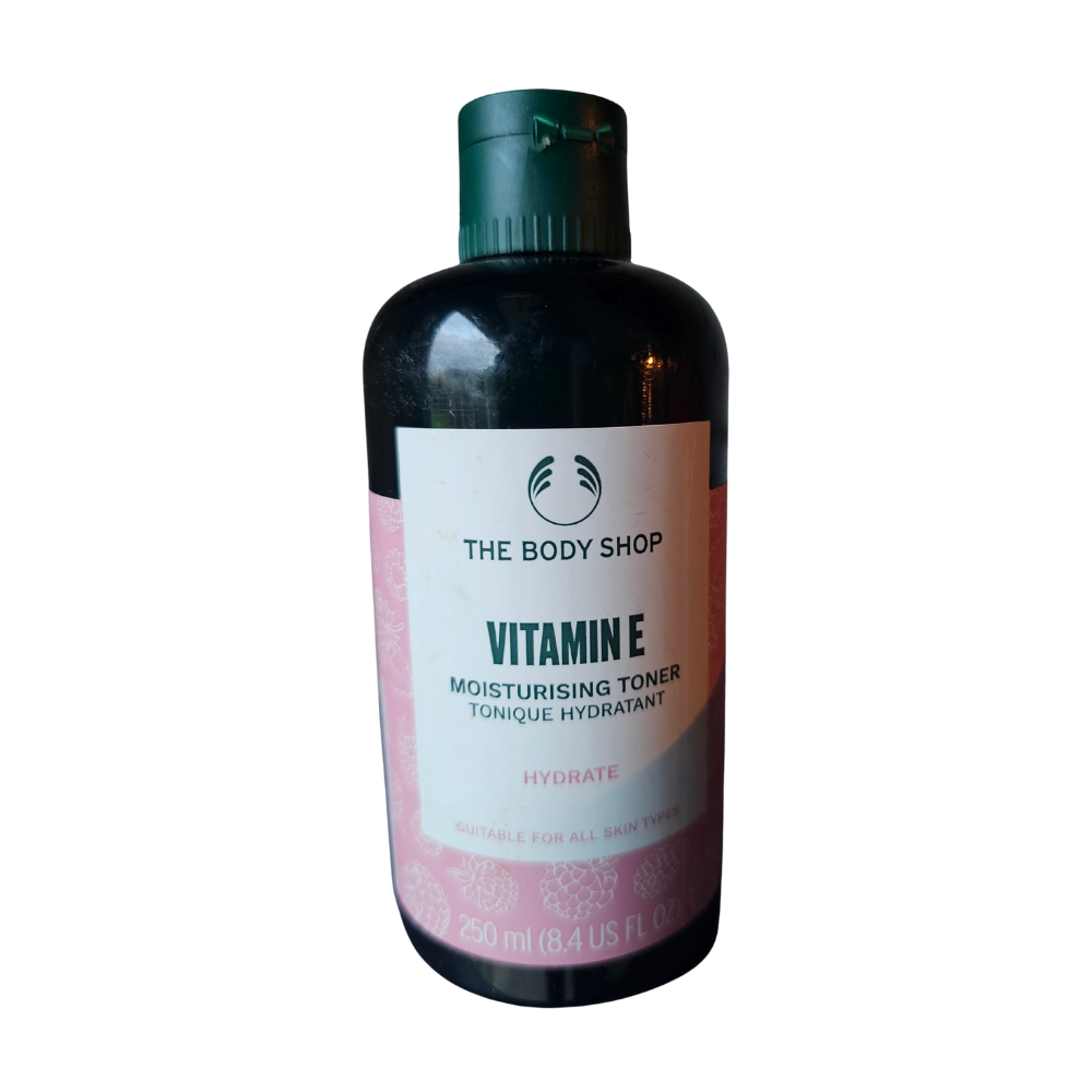 The Body Shop Vitamin E hydrating toner bottle, dark with green cap, 250 ml