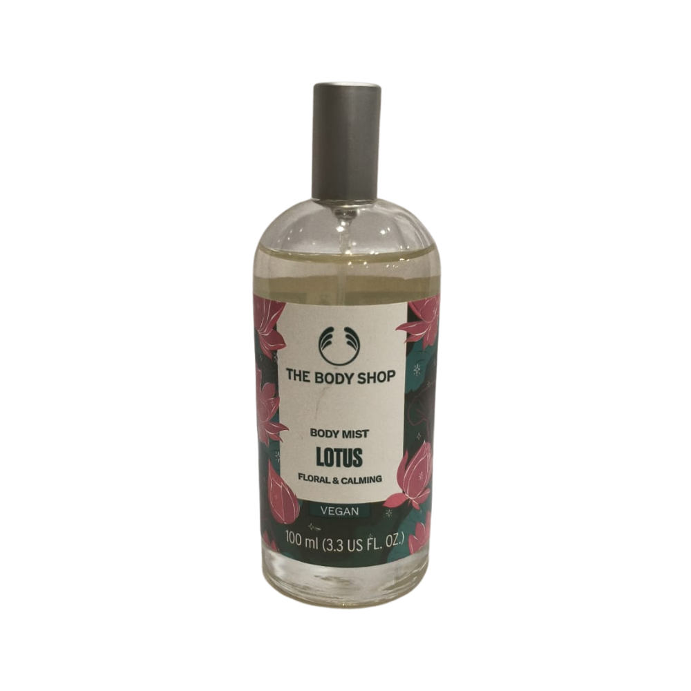 The Body Shop body mist bottle, LOTUS 100 ml, clear glass with black cap