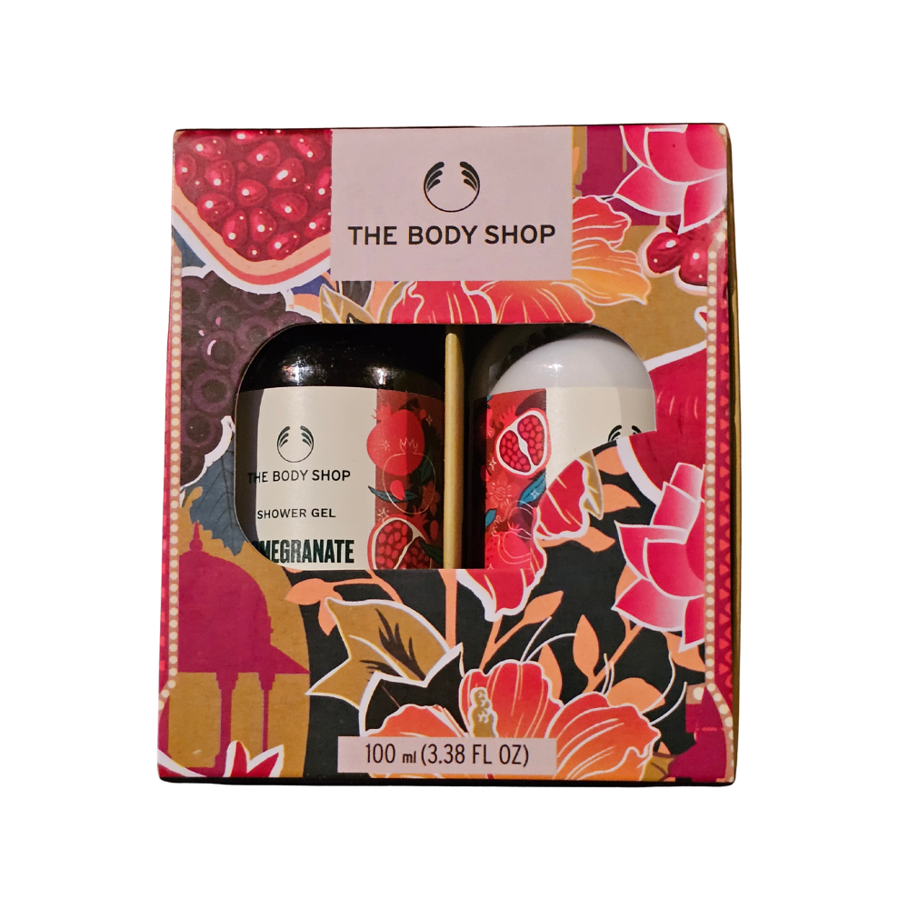 Pomegranate body care duo pack box with two shower gel bottles
