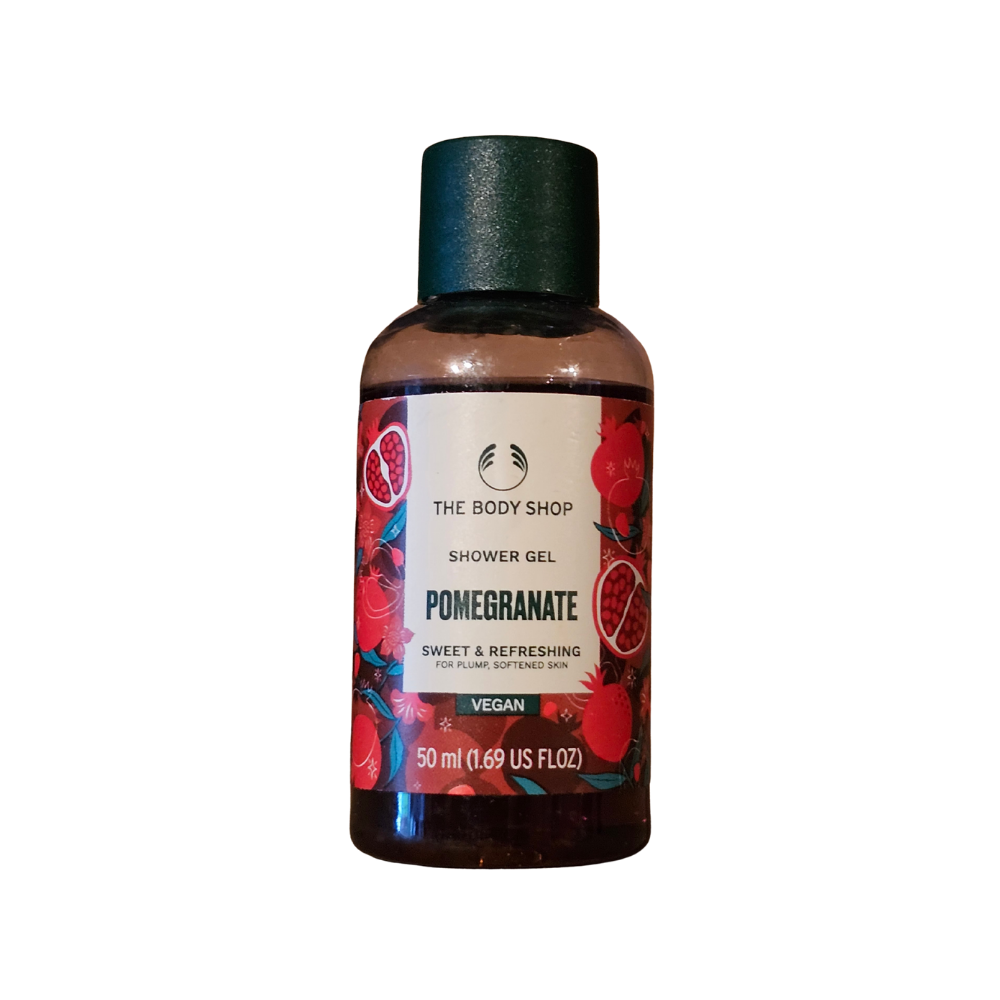 The Body Shop pomegranate shower gel, dark bottle with green cap, 50 ml.