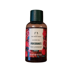 The Body Shop pomegranate shower gel, dark bottle with green cap, 50 ml.
