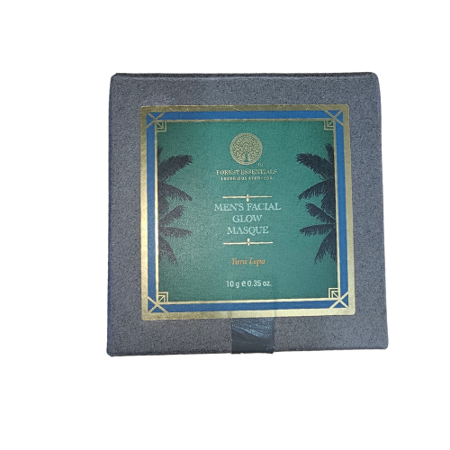 Forest Essentials facial glow masque box, dark grey with green label