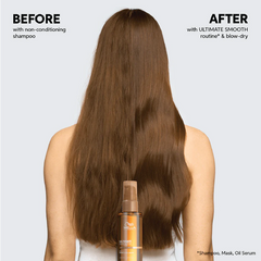 Wella Professionals Ultimate Smooth oil serum bottle with pump, by long brown hair