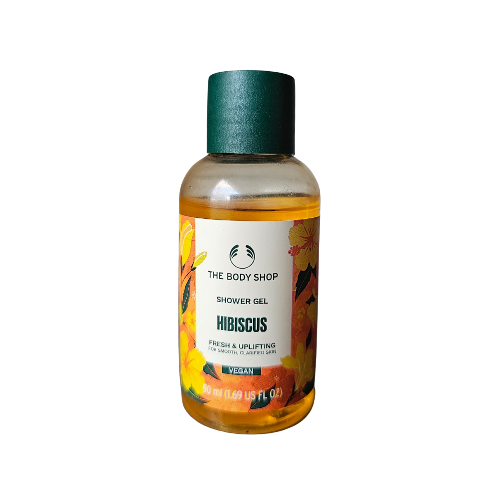 The Body Shop Hibiscus shower gel bottle, amber liquid with green screw cap, 50 ml