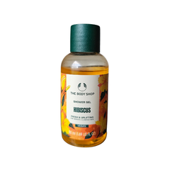 The Body Shop Hibiscus shower gel bottle, amber liquid with green screw cap, 50 ml