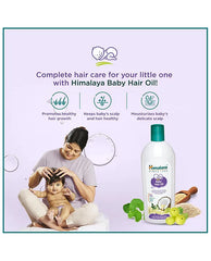 Baby hair oil bottle and box panel showing care for little ones illustration.