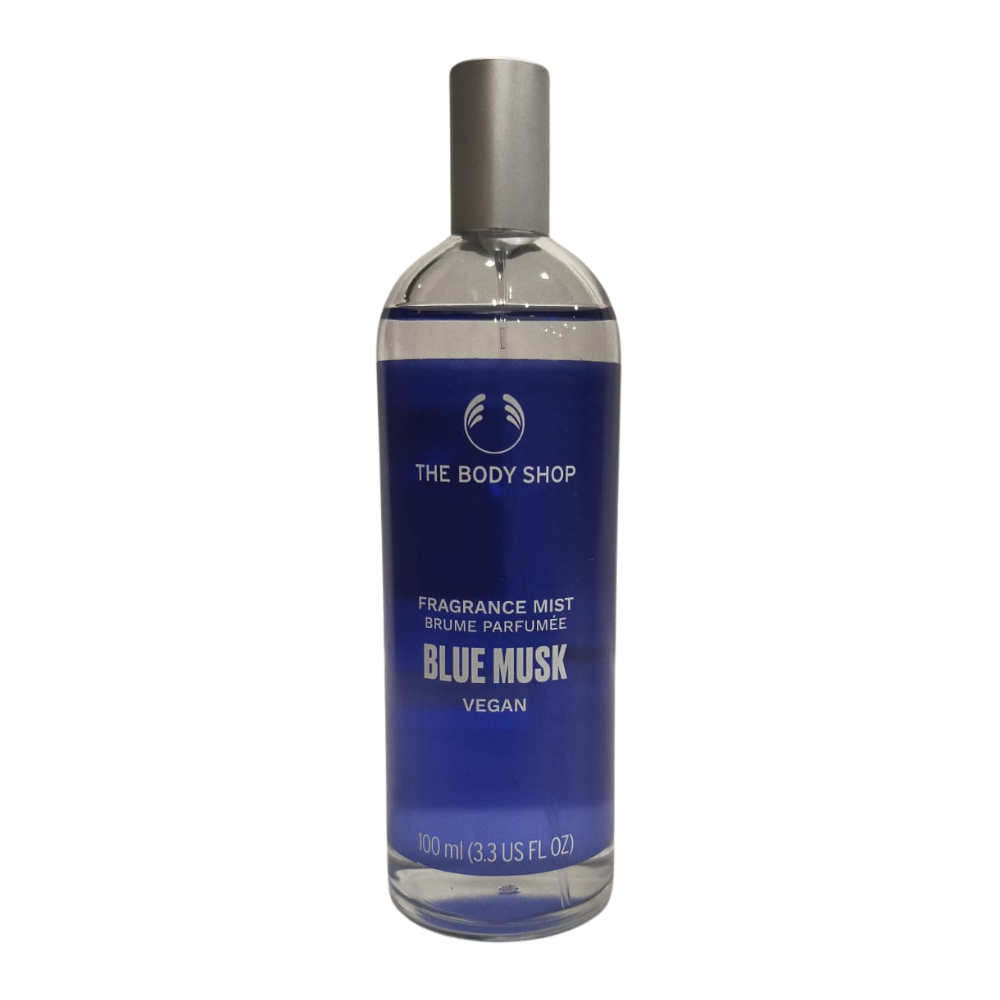Blue Musk fragrance mist bottle, 100ml, with metallic cap and blue label