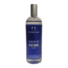 Blue Musk fragrance mist bottle, 100ml, with metallic cap and blue label