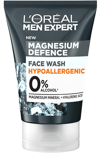 Hypoallergenic face wash tube with magnesium defense label and 0% alcohol mark