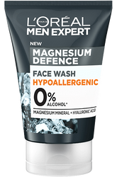 Hypoallergenic face wash tube with magnesium defense label and 0% alcohol mark