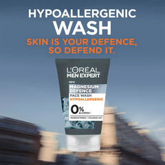 Hypoallergenic face wash bottle with magnesium defense label and 0% alcohol