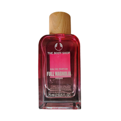Eau de parfum bottle, The Body Shop Full Magnolia, 75 ml, pink glass, wooden cap