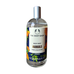 Marigold body mist bottle with silver pump, clear glass, 100 ml label