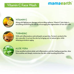 Face wash benefits panel: Vitamin C, turmeric, aloe vera for radiance