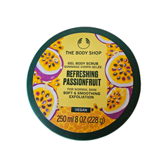 The Body Shop body scrub jar, 250 ml, passionfruit, vegan.