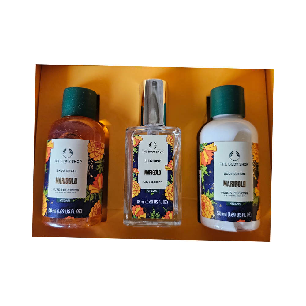The Body Shop marigold body care trio pack: shower gel, body mist, body lotion