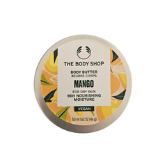 Mango body butter 50 ml tin, circular container with tropical label on top.