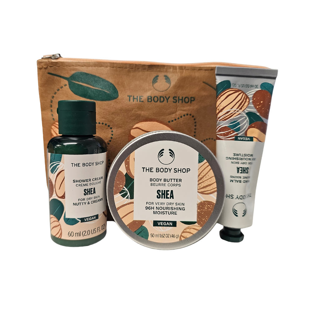 Shea body care gift set with shower cream, body butter, and hand balm in pouch