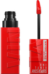 Maybelline Super Stay Vinyl Ink liquid lipstick in red, with black cap and applicator tip
