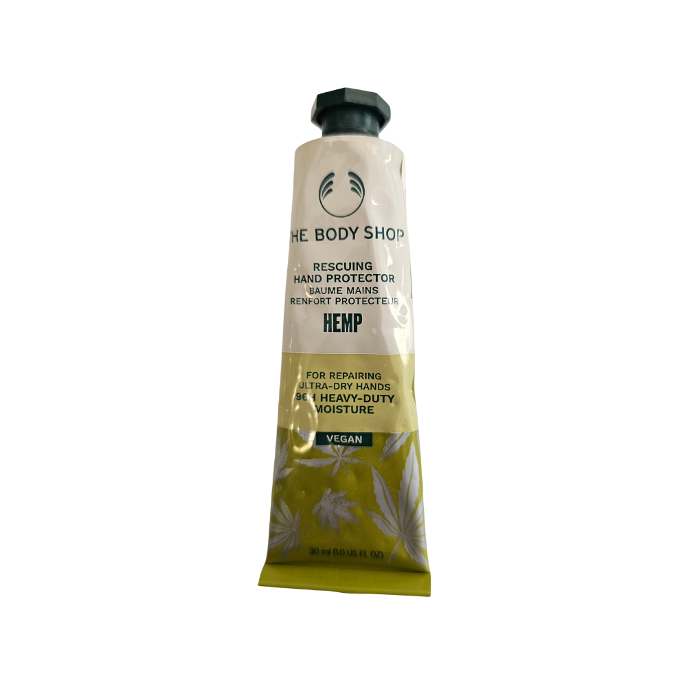 Hemp hand protector tube with black cap, beige and green design, 30 ml