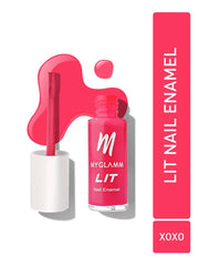 Pink nail enamel bottle with brush and shade swatch
