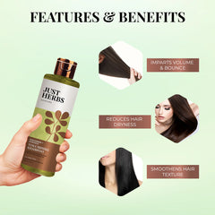 Volumising shampoo features graphic: imparts volume, smooths texture, reduces dryness