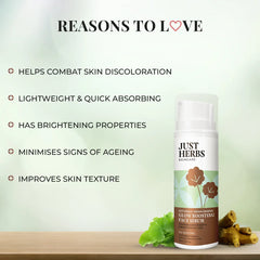 Just Herbs glow boosting face serum bottle with pump and plant leaves