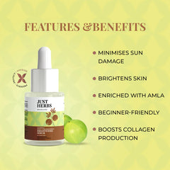 Brightening serum bottle with white dropper and amla fruit beside features text