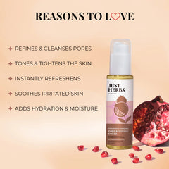 Pore refining toner bottle with pomegranate and mandarin fruit pieces