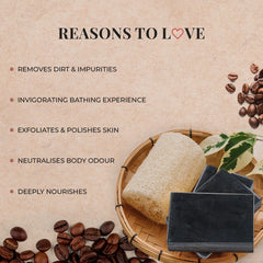 Coffee bathing bar soap pieces with a loofah sponge in a basket
