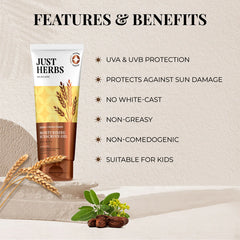 Just Herbs moisturising sunscreen gel tube with sun protection features icons