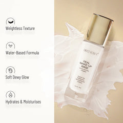 Highlighting makeup base bottle with gold cap and clear body, white label detail
