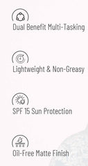 BB foundation benefit icons: dual multitasking, lightweight non-greasy, SPF 15