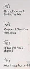 Makeup fixer benefit icons: plumps, refreshes & soothes, weightless shine-free