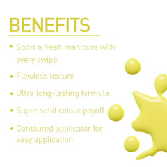 Lime green nail enamel benefits graphic with droplet and dot icons