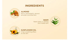 Ingredients panel with almond, neem, and sunflower oil icons