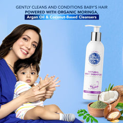 Natural baby shampoo bottle with pump, label visible