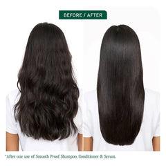 Hair before-and-after comparison showing smoother, frizz-reduced black hair