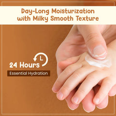 White lotion spread on baby hands, Milky Soft moisturizing texture