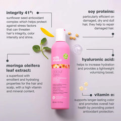 Pink colour care shampoo bottle with ingredient illustrations, pump cap