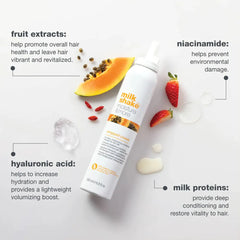 Whipped cream hair treatment bottle with fruit ingredients, papaya and strawberries