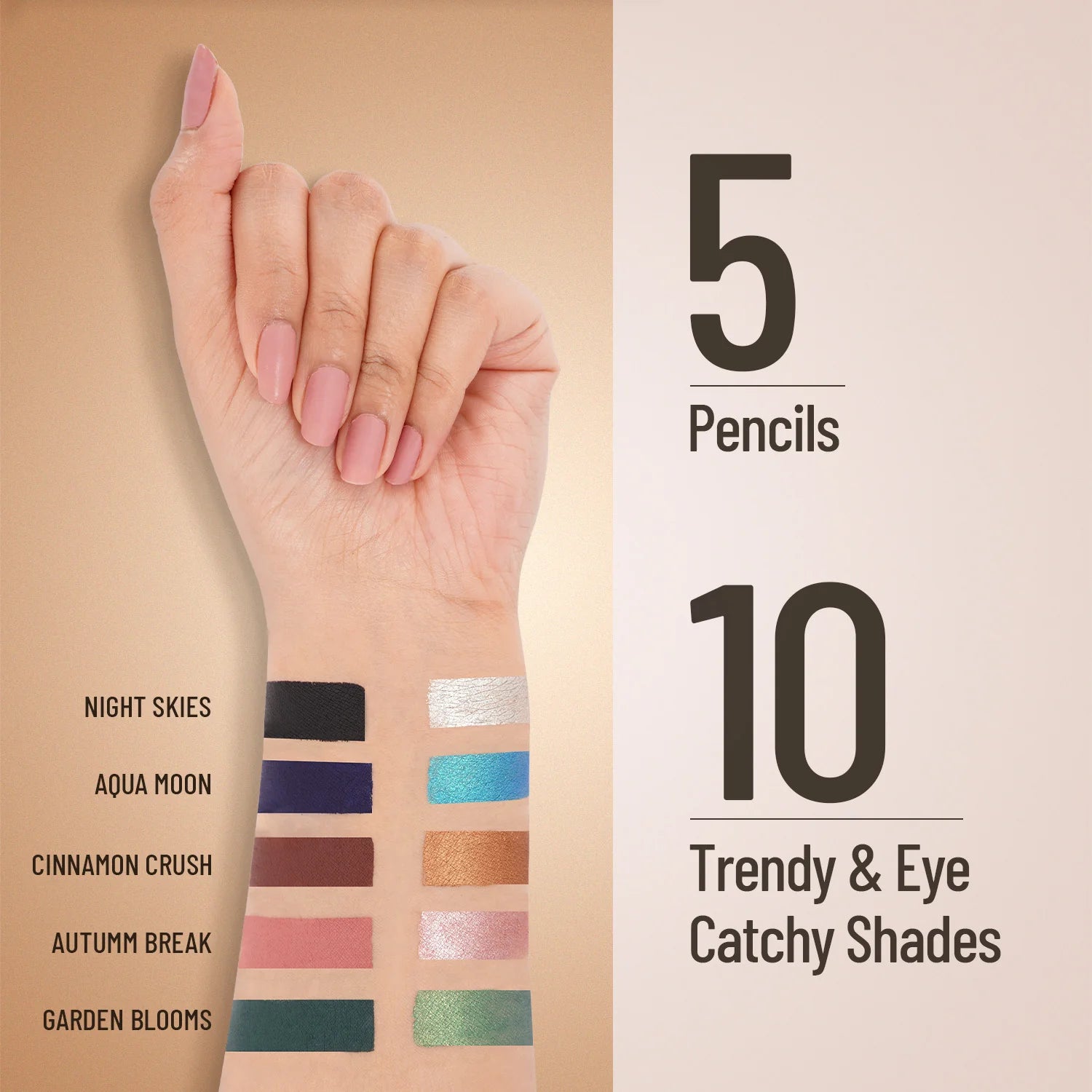 Hand swatch chart featuring aqua teal and dark navy eyeshadow shades