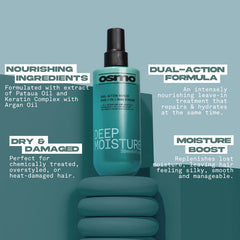 Osmo deep moisture repair bottle with teal body and black pump, front view