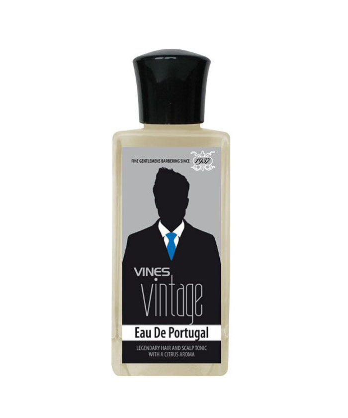 Vines Vintage Eau de Portugal hair tonic bottle with black cap and portrait label