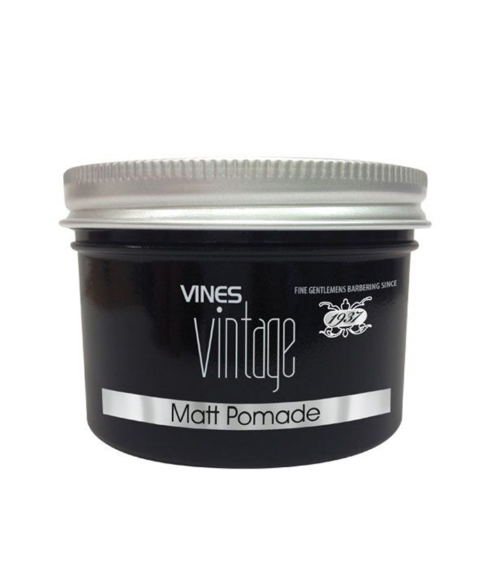Vines Vintage Matt pomade jar with screw-top lid and black label