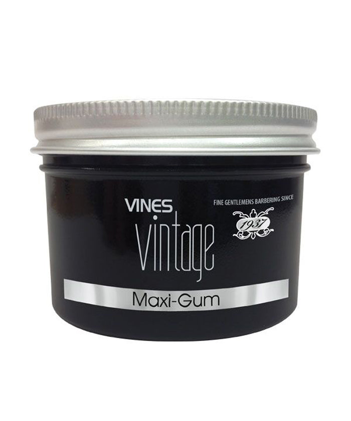Maxi-Gum jar with silver lid and black label: VINES Vintage, Maxi-Gum, 1933.