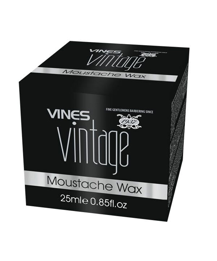 Vines Vintage moustache wax box, black with white label, 25 ml