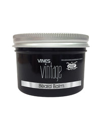 Vines Vintage beard balm jar with black label and silver lid